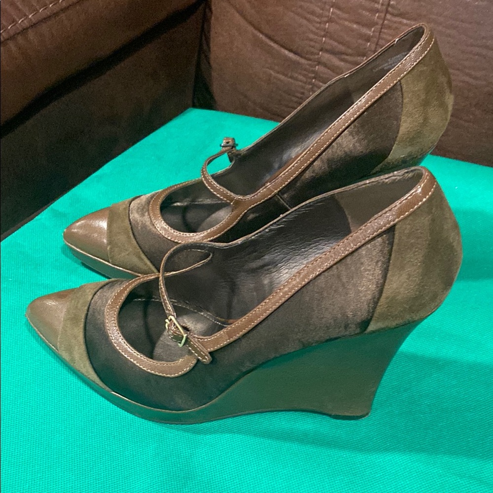 Circa Joan David Dark Green, Suede, Satin & Leather Wedge Brown Heels